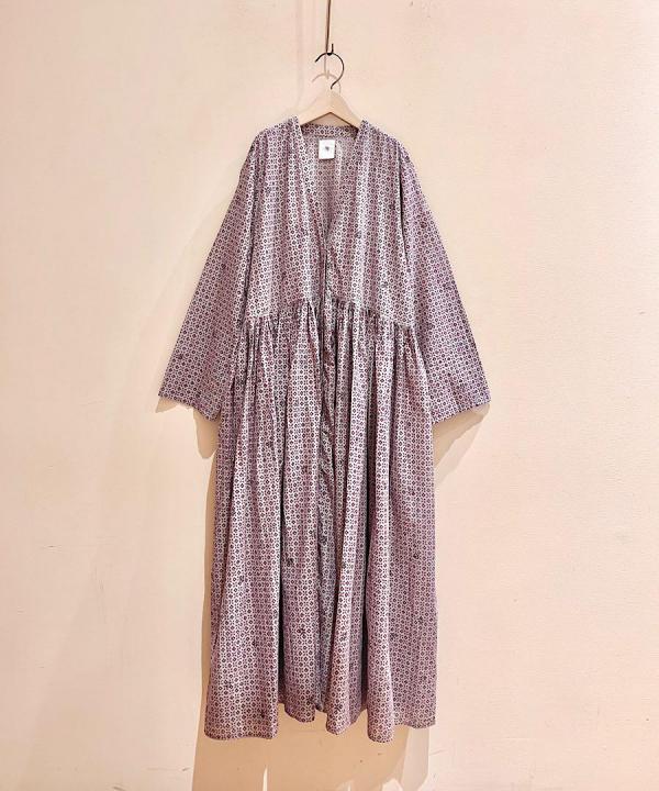 80'S VOILE SMALL FLOWER BLOCK PRINT RAJASTHAN TUCK GATHERED WRAP DRESS