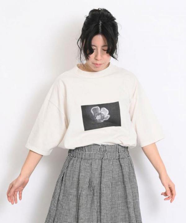 【ラストワン！】USE天竺プリント　モックネックＴシャツ(Flower)