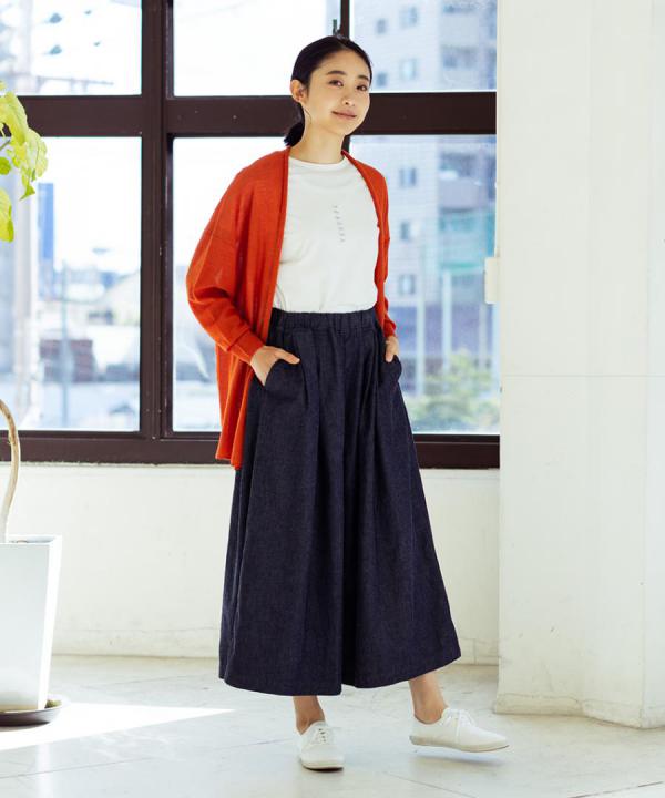 【ラストワン！】綿麻デニムワイドキュロットパンツ