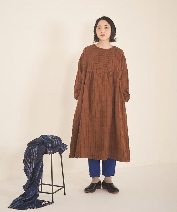 【ラストワン！】リネントップストライプ刺繍　ワンピース