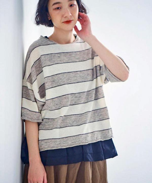 コットンリネンスラブワイドボーダー　Ｔシャツ