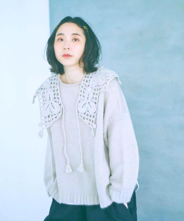ロービングウールモヘアかぎ針編み　つけ衿プルオーバー