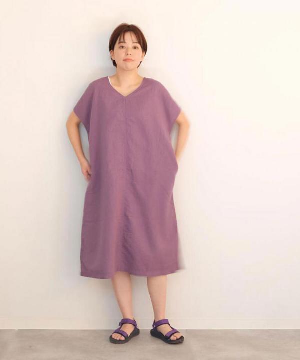 【ラストワン！】リネンコットン（製品染め）Vクルーショートスリーブワンピース