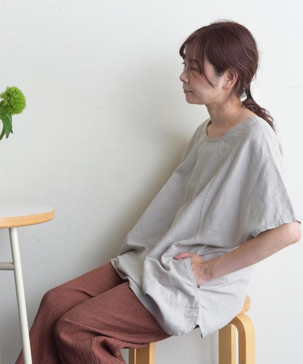 リネンコットン　ステッチポケットプルオーバー