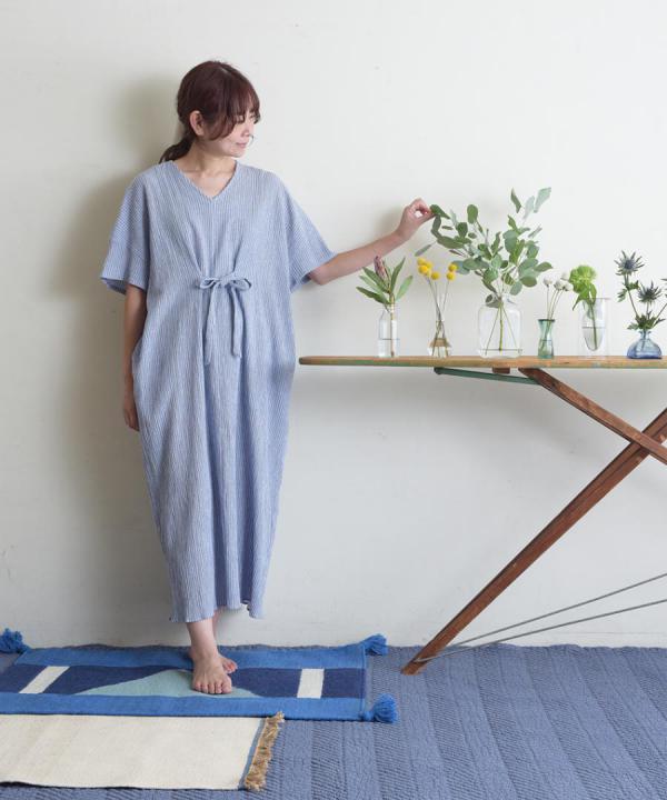 Wrinkled cotton rinen リボンワンピース