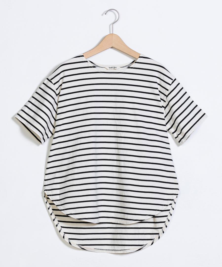 スープレコットンボーダー天竺　裾ラウンド半袖Ｔシャツ