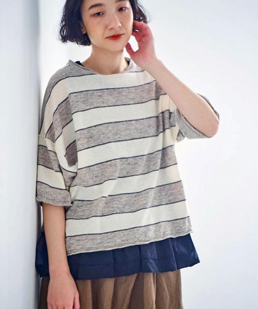 コットンリネンスラブワイドボーダー　Ｔシャツ