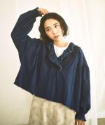 インディゴ刺し子　フリルブラウス