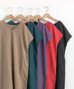 【ラストワン！】リネンコットン（製品染め）Vクルーショートスリーブワンピース