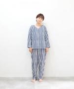 リネンコットンストライププリント　テーパードパンツ