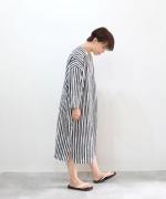 【ラストワン！】リネンコットンストライププリント　Vクルーワンピース