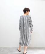 【ラストワン！】リネンコットンストライププリント　Vクルーワンピース