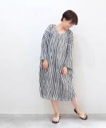【ラストワン！】リネンコットンストライププリント　Vクルーワンピース