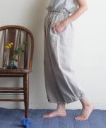 【ラストワン！】リネンコットン　裾ギャザークロップドパンツ