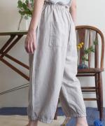【ラストワン！】リネンコットン　裾ギャザークロップドパンツ