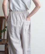 【ラストワン！】リネンコットン　裾ギャザークロップドパンツ
