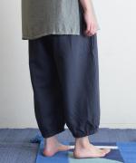 【ラストワン！】リネンコットン　裾ギャザークロップドパンツ