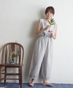 【ラストワン！】リネンコットン　裾ギャザークロップドパンツ
