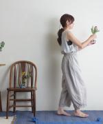 【ラストワン！】リネンコットン　裾ギャザークロップドパンツ
