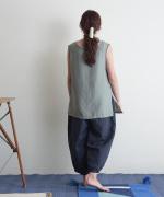 【ラストワン！】リネンコットン　裾ギャザークロップドパンツ